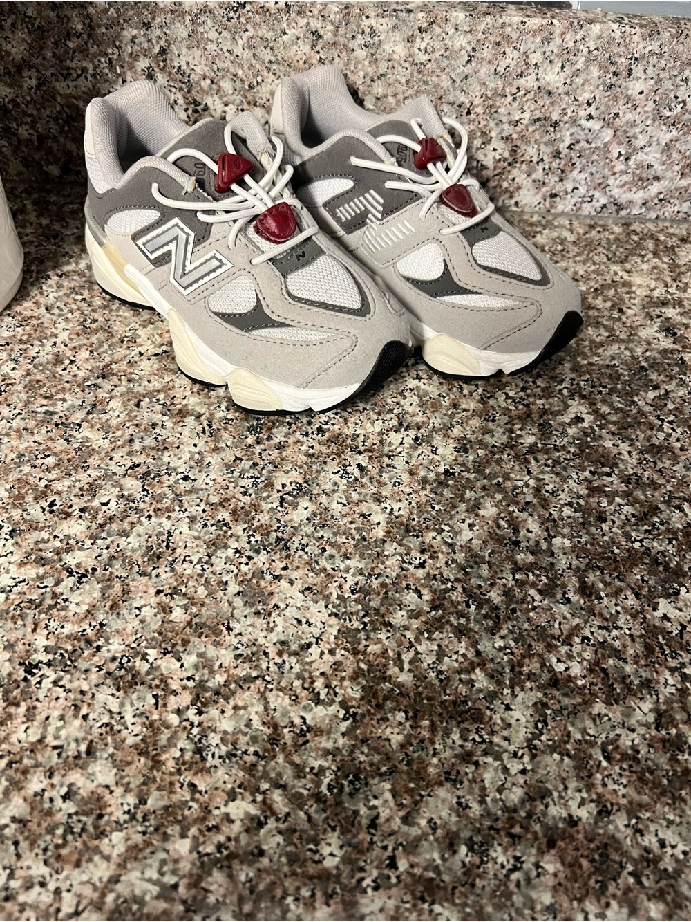 New Balance Kids Beige, Gray & White Sneakers with Red Toggle